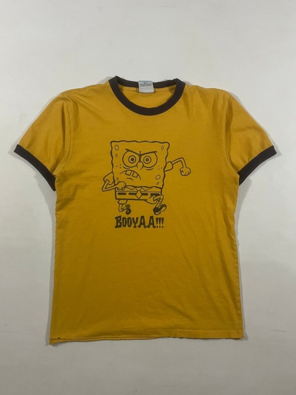 Vintage Y2K Nickelodeon SpongeBob SquarePants Booyaa Yellow Brown Ringer Tee
